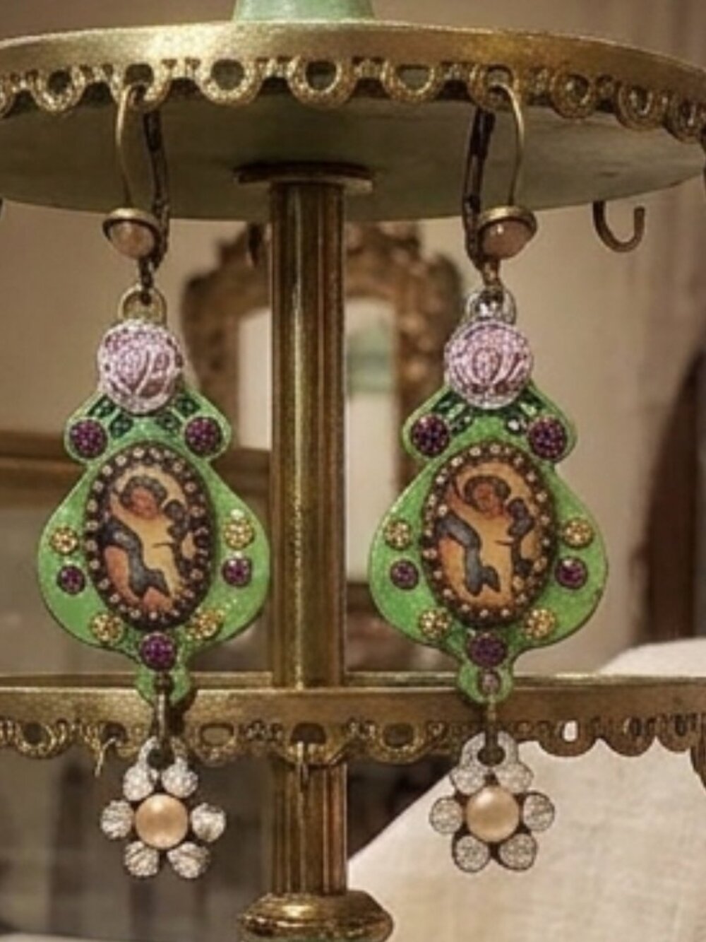 Michal Negrin Romantic Cherub & Floral Dangle Earrings – Neo-Victorian jewelry